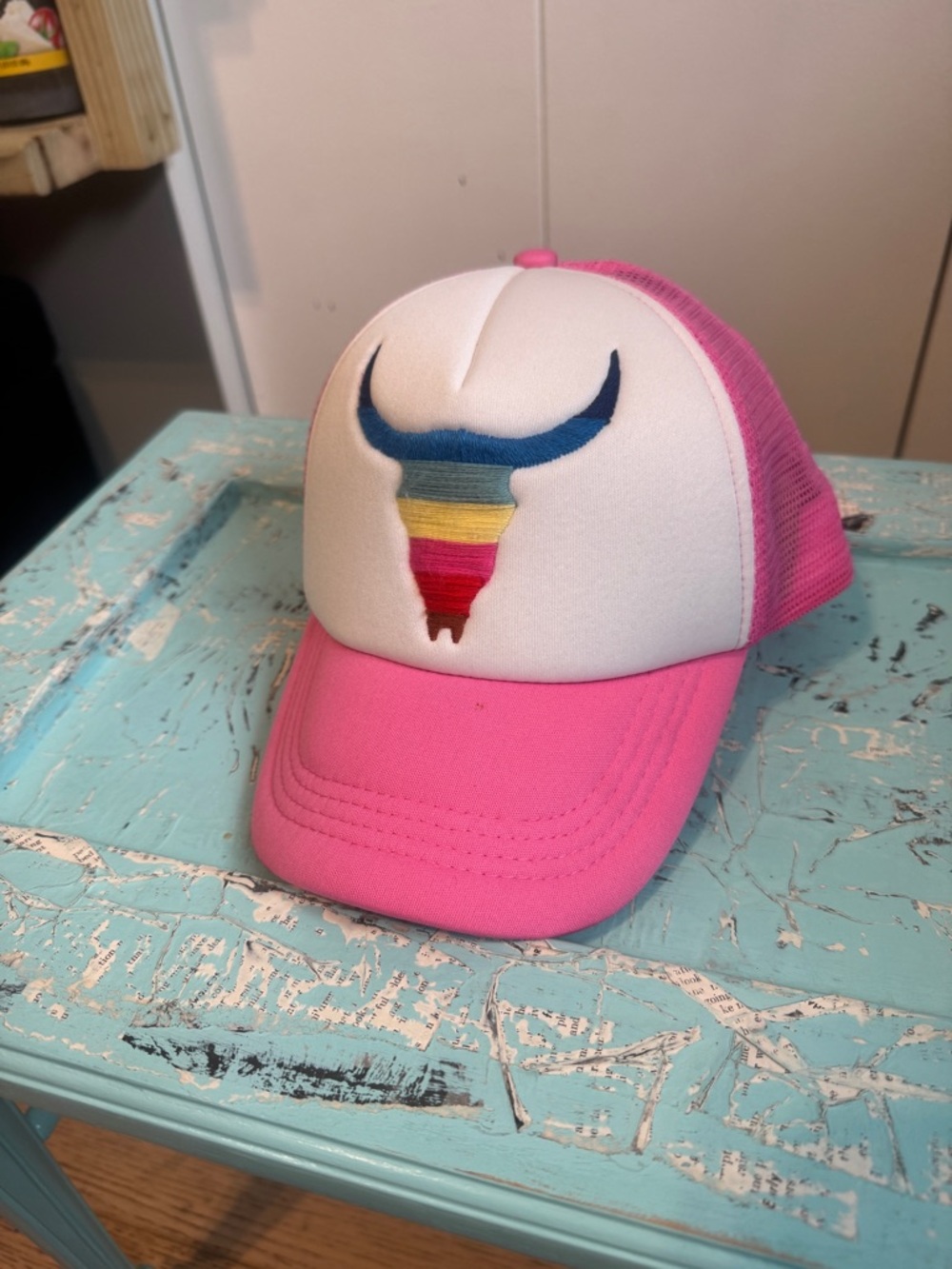 Rainbow Embroidered Longhorn Bull Trucker Hat Pink Mesh Boho Coastal Cowgirl - Picture 6 of 7